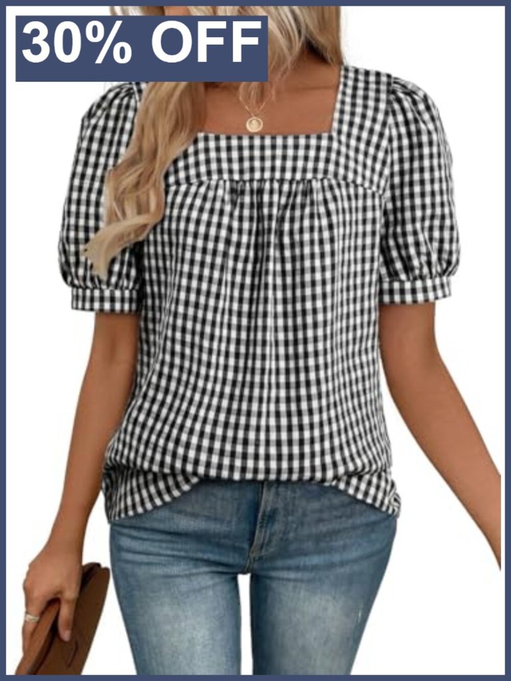 Womens Gingham Short Sleeve Square Neck Cotton Blouse Tunic